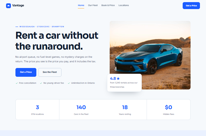 Vantage Car Rental homepage
